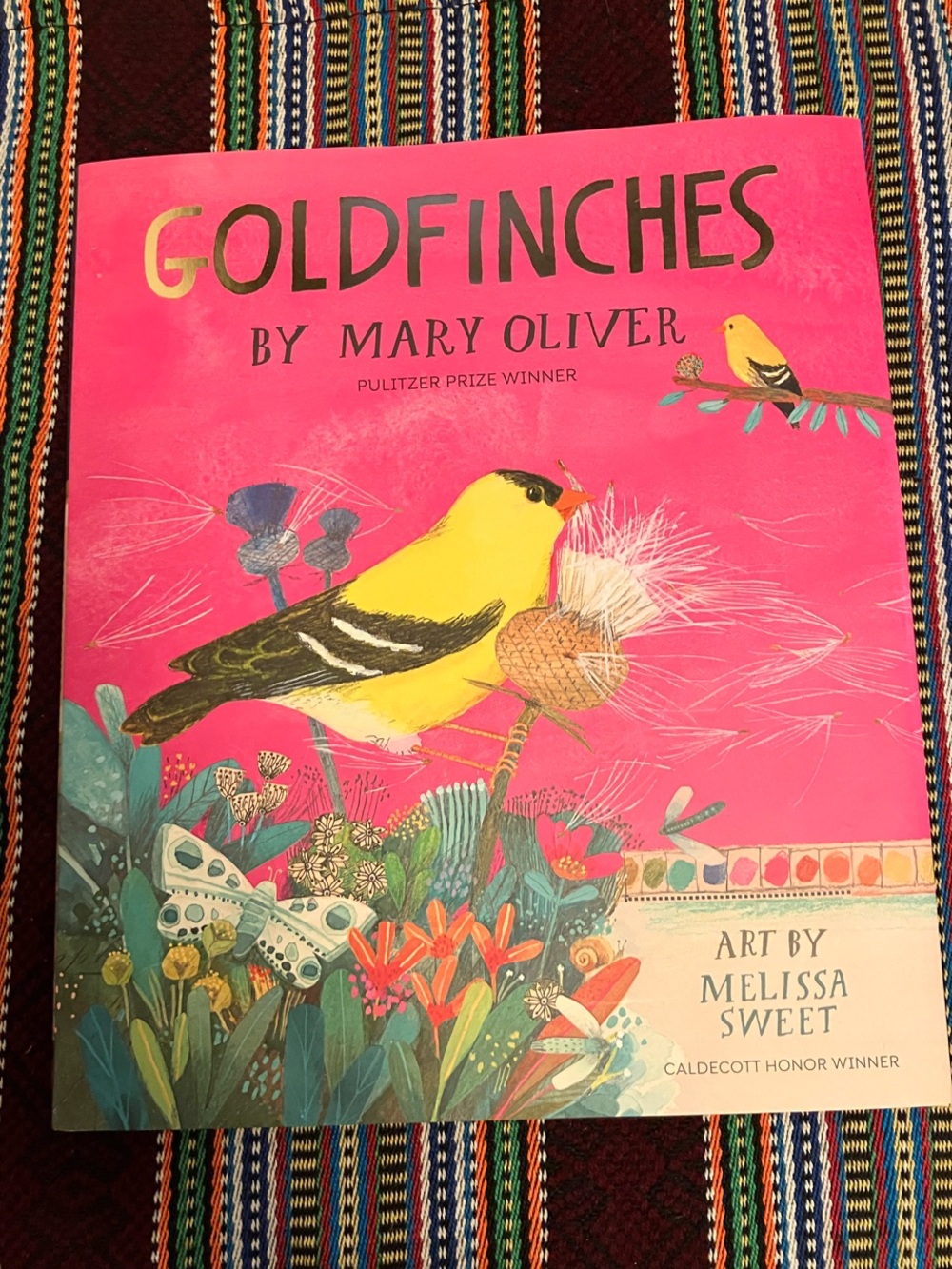 Goldfinches by Mary Oliver - Illustrated Hardcover in Pink and Yellow